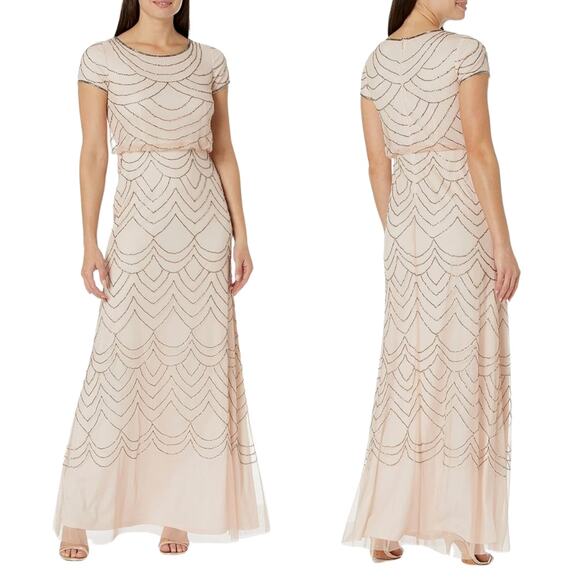 NWT ADRIANNA PAPELL DRESS 8 GOWN PETITE GOLD BEADED ART DECO BLOUSON LONG MAXI - Picture 1 of 15